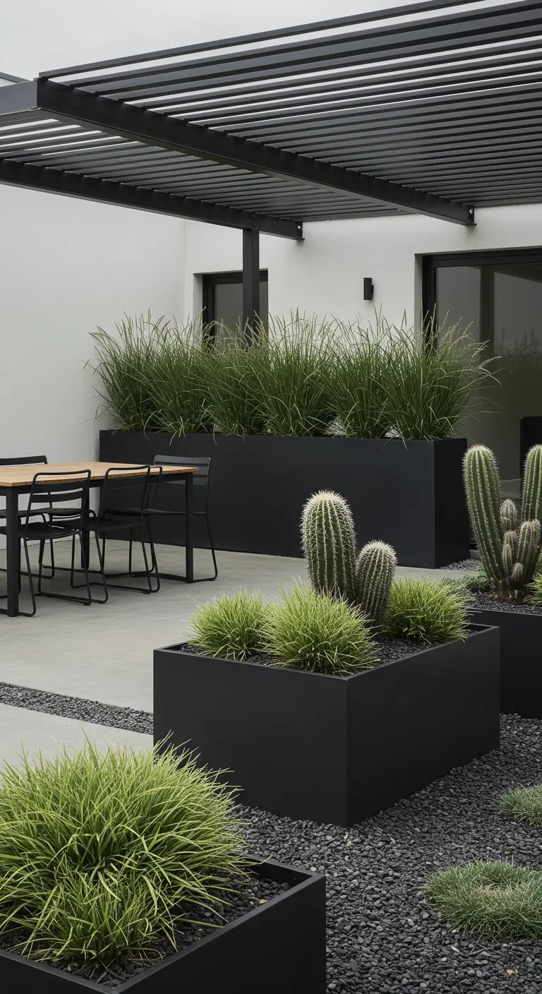 Patio moderne avec des jardinières noires rectangulaires, des cactus et des herbes ornementales.