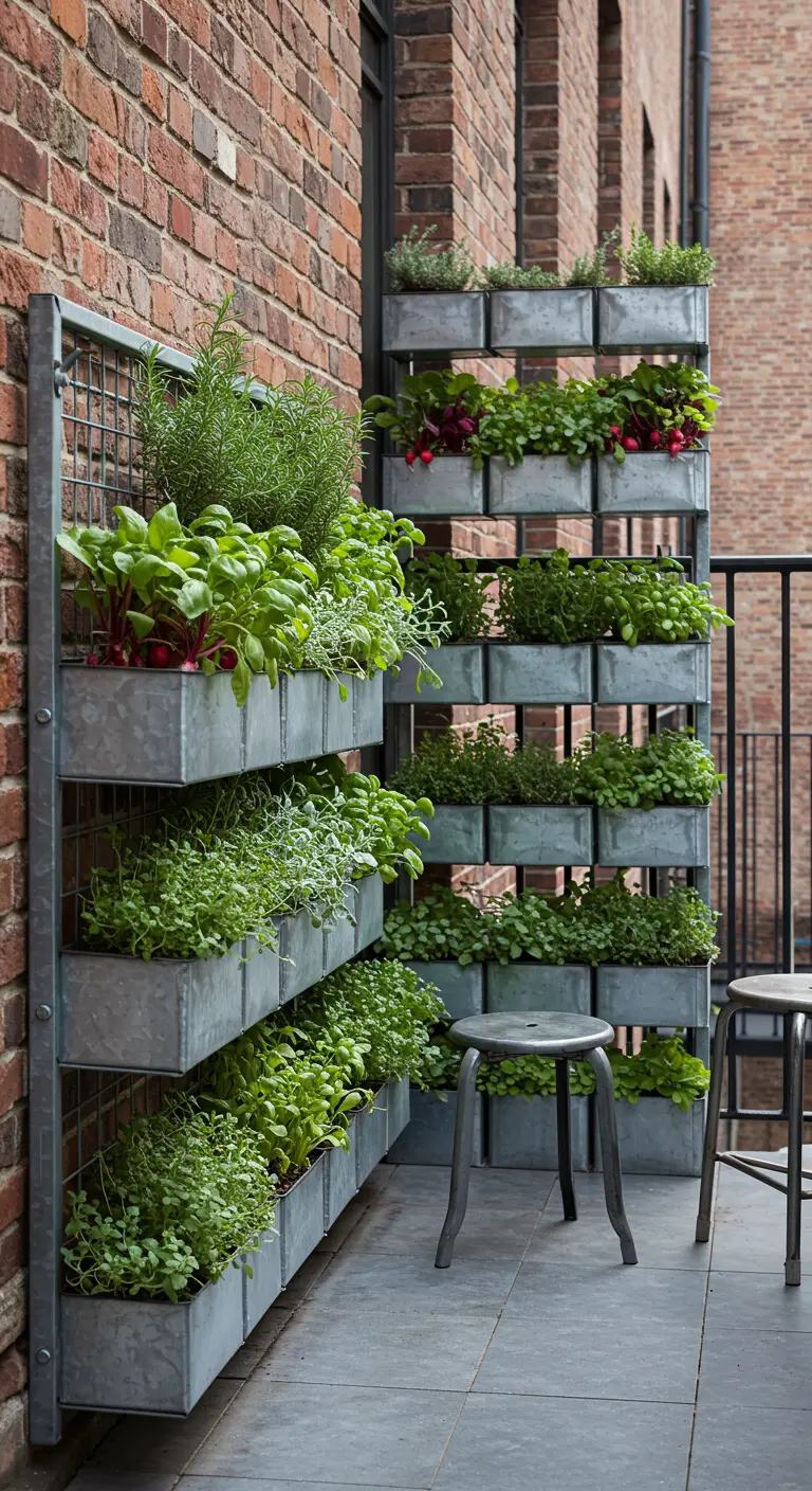 Mur végétal en acier galvanisé avec plusieurs niveaux de jardinières remplies d'herbes et de légumes
