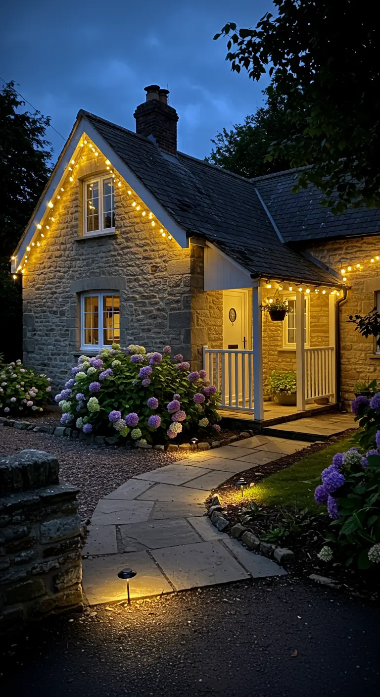 Petite maison en pierre illuminée par des guirlandes lumineuses chaudes le long du pignon et des hortensias.