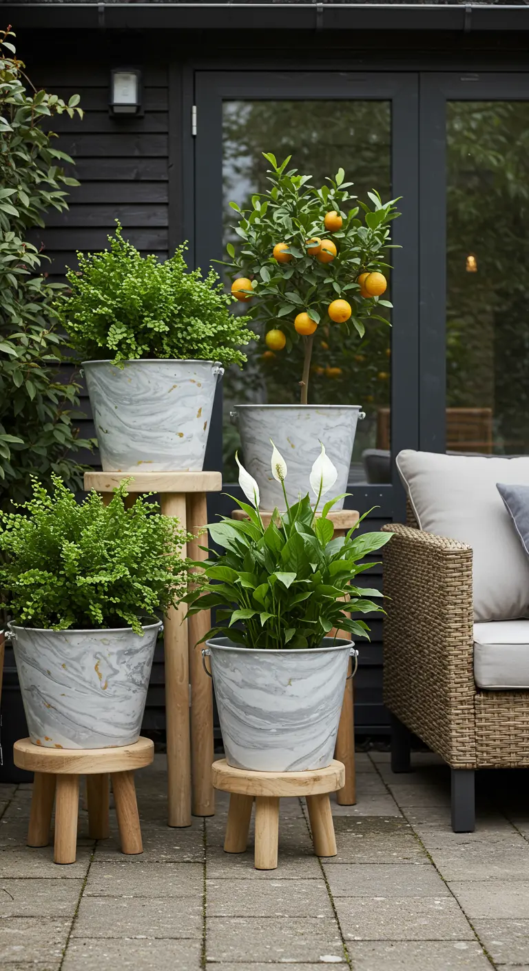Pots gris effet marbre avec des touches dorées, accueillant un oranger, des fougères et un spatiphyllum.