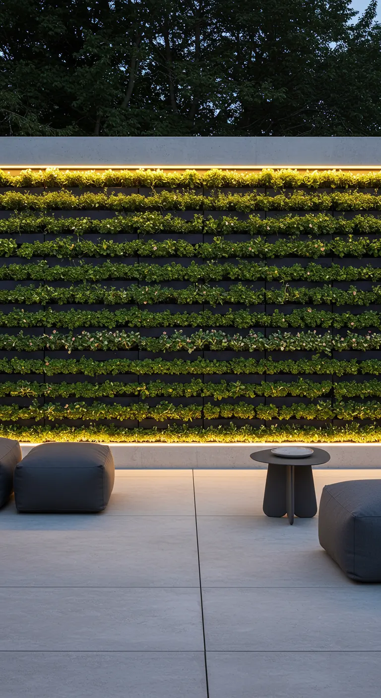 Mur végétal en jardinières horizontales avec éclairage LED, mobilier d'extérieur moderne.