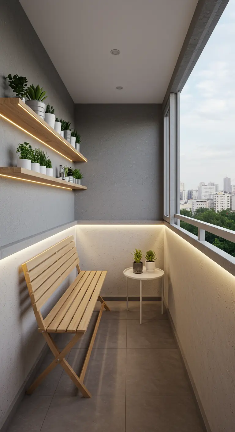 Balcon minimaliste avec étagères lumineuses et banc pliable en bois, vue urbaine.