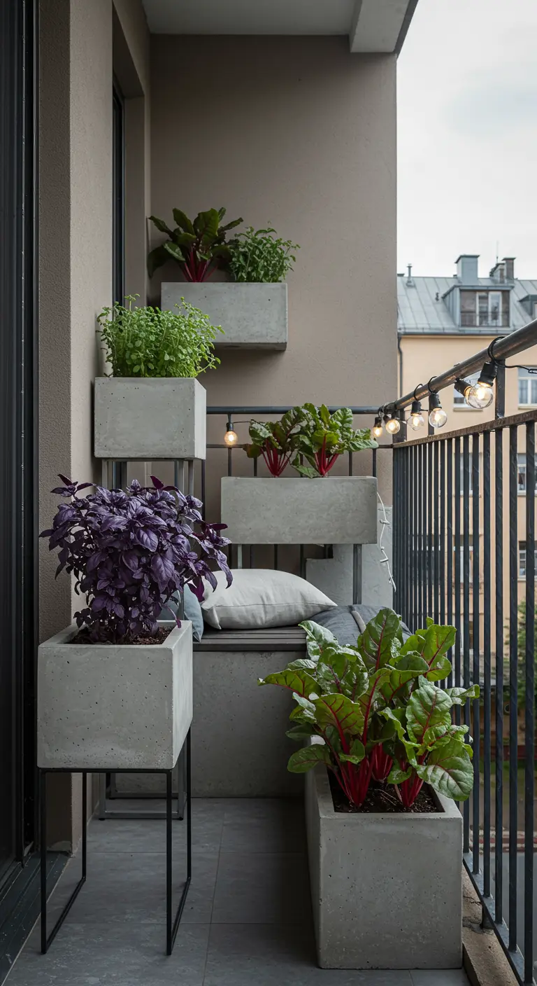 Jardinières en béton avec herbes et légumes, banquette intégrée et guirlande lumineuse sur balcon