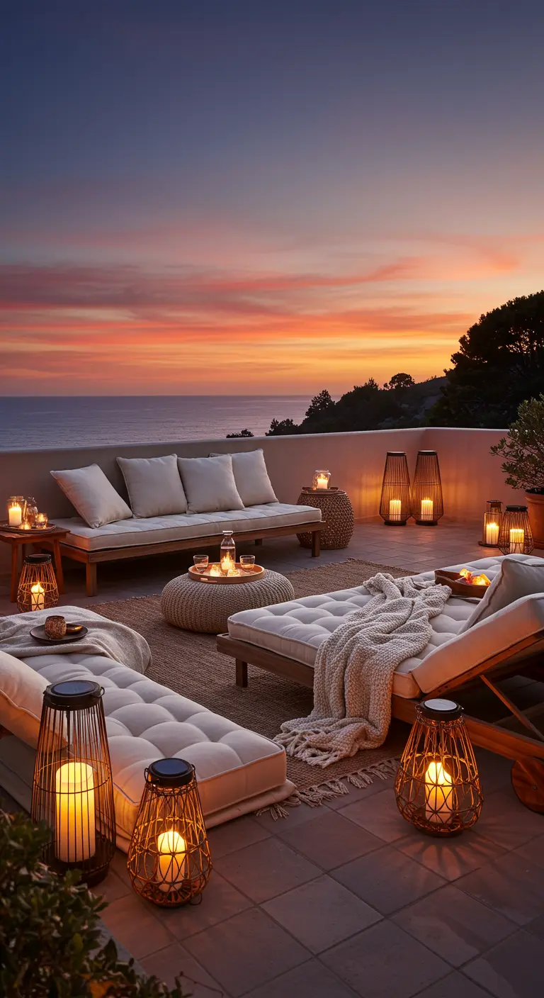 Terrasse élégante au coucher du soleil avec chaises longues, canapé et multiples lanternes.
