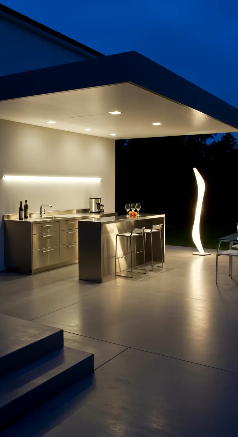 Cuisine extérieure moderne en inox avec éclairage LED linéaire et une lampe de sol design.