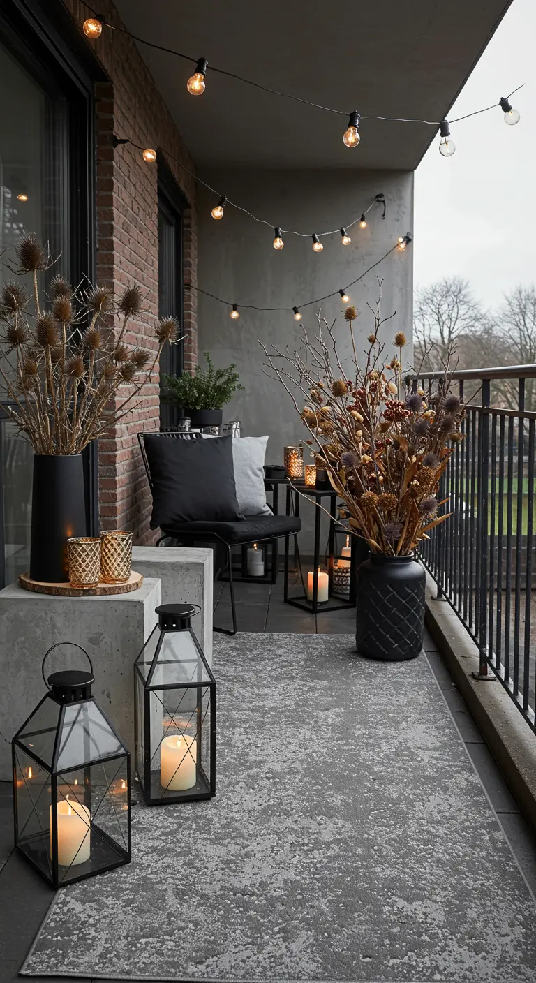 Balcon moderne avec tapis gris, mobilier noir, lanternes minimalistes et chardons séchés.