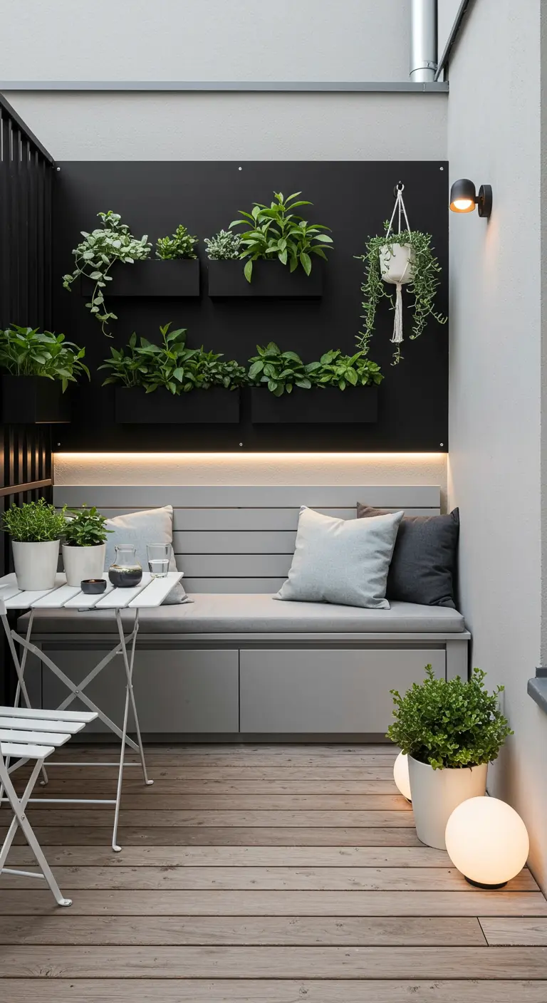 Balcon moderne noir et gris avec banquette de rangement intégrée, jardin vertical et éclairage LED discret.