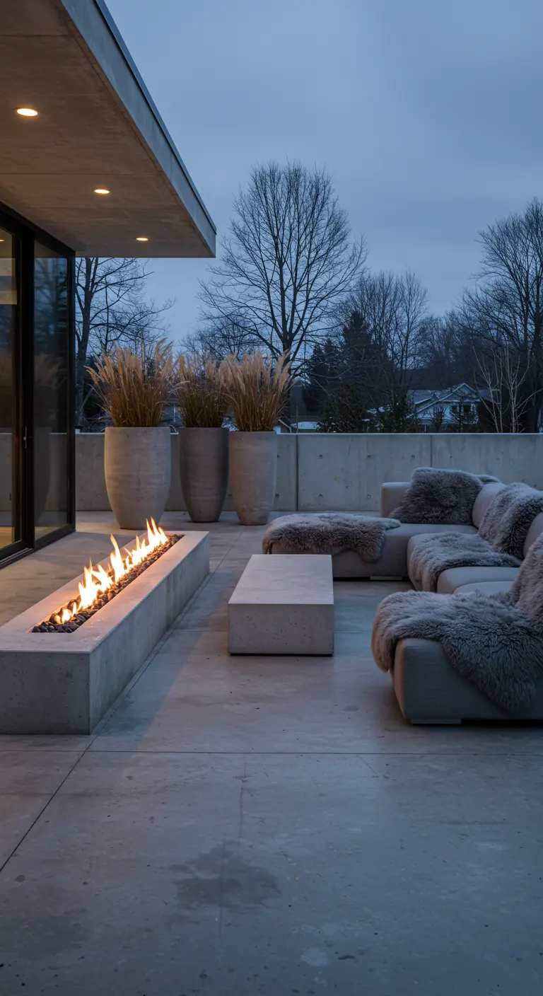 Grand patio en béton avec brasero linéaire, canapé moderne en fausse fourrure, grands pots de graminées séchées.