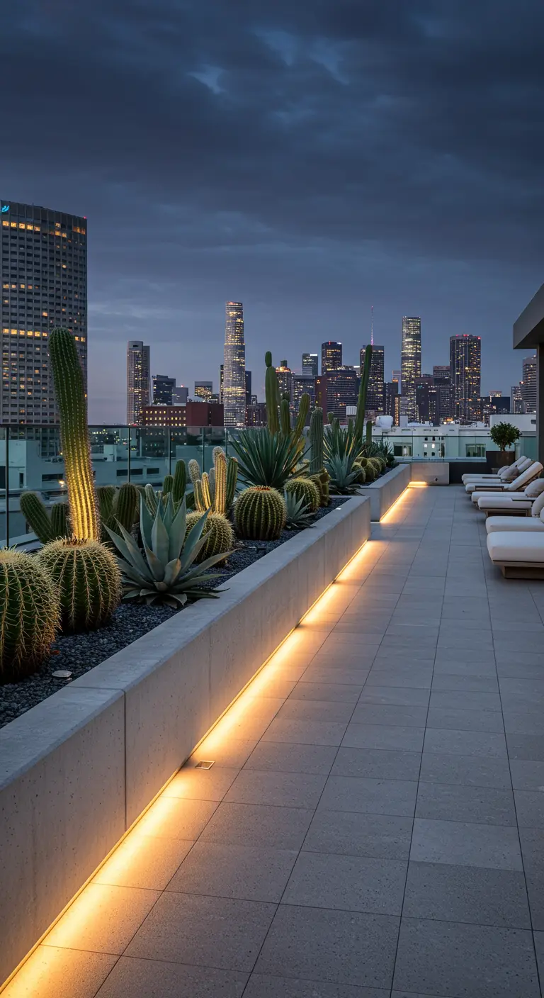 Terrasse moderne avec grands cactus, agaves et éclairage linéaire au sol, vue sur skyline.