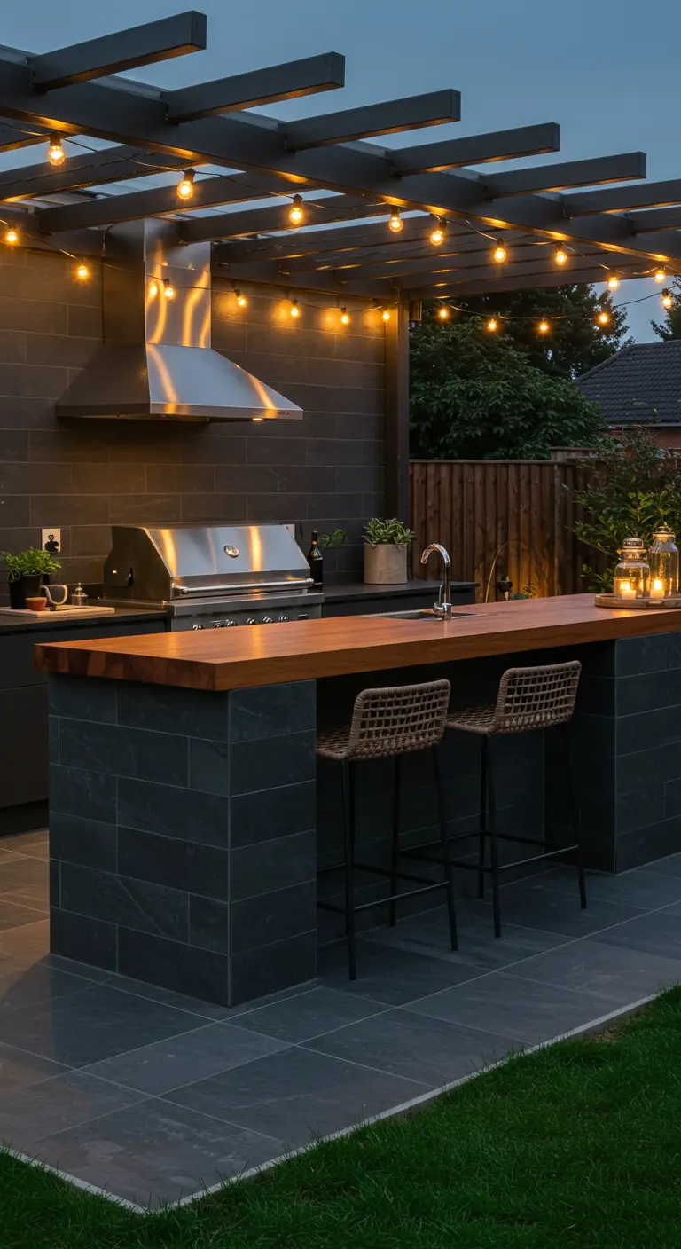Cuisine extérieure moderne avec comptoir en bois, carrelage foncé, barbecue encastré et guirlande lumineuse.