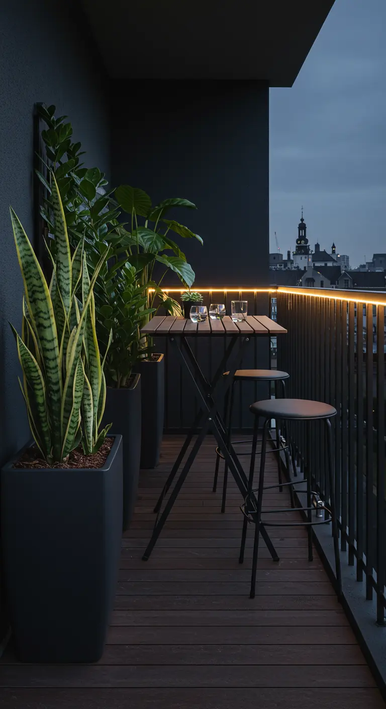 Balcon moderne sombre avec plantes en grands pots noirs, table de bar, tabourets et bande lumineuse LED.
