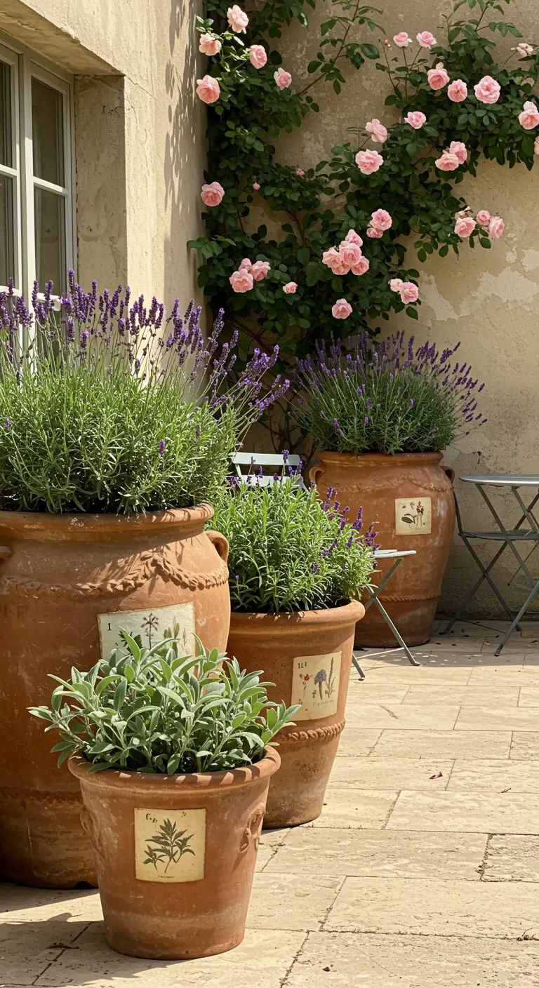 Grands pots en terre cuite avec lavande, étiquettes et roses grimpantes sur un mur ensoleillé.