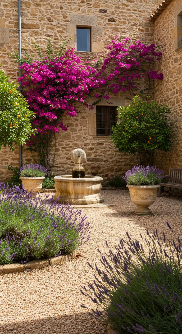 Cour intérieure en pierre avec fontaine, bougainvillier fuchsia et massifs de lavande.