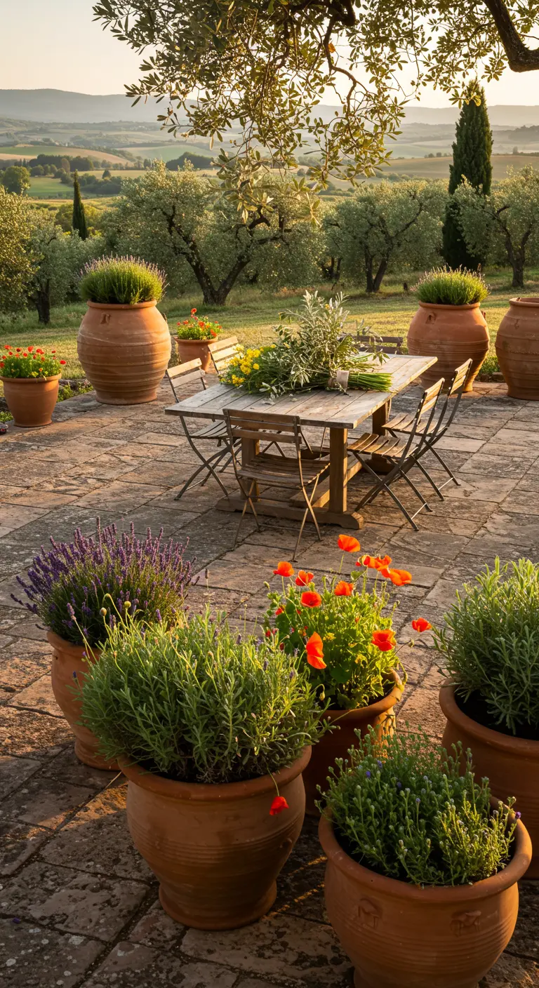 Terrasse toscane au coucher du soleil avec de grands pots en terre cuite et une table de jardin.