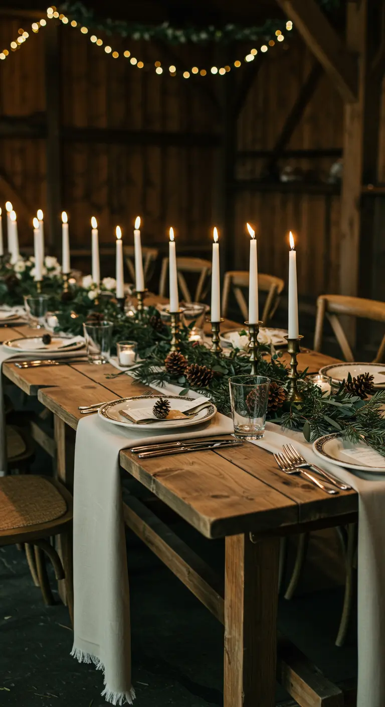 Longue table en bois avec une guirlande verte, des chandelles et une guirlande lumineuse suspendue.