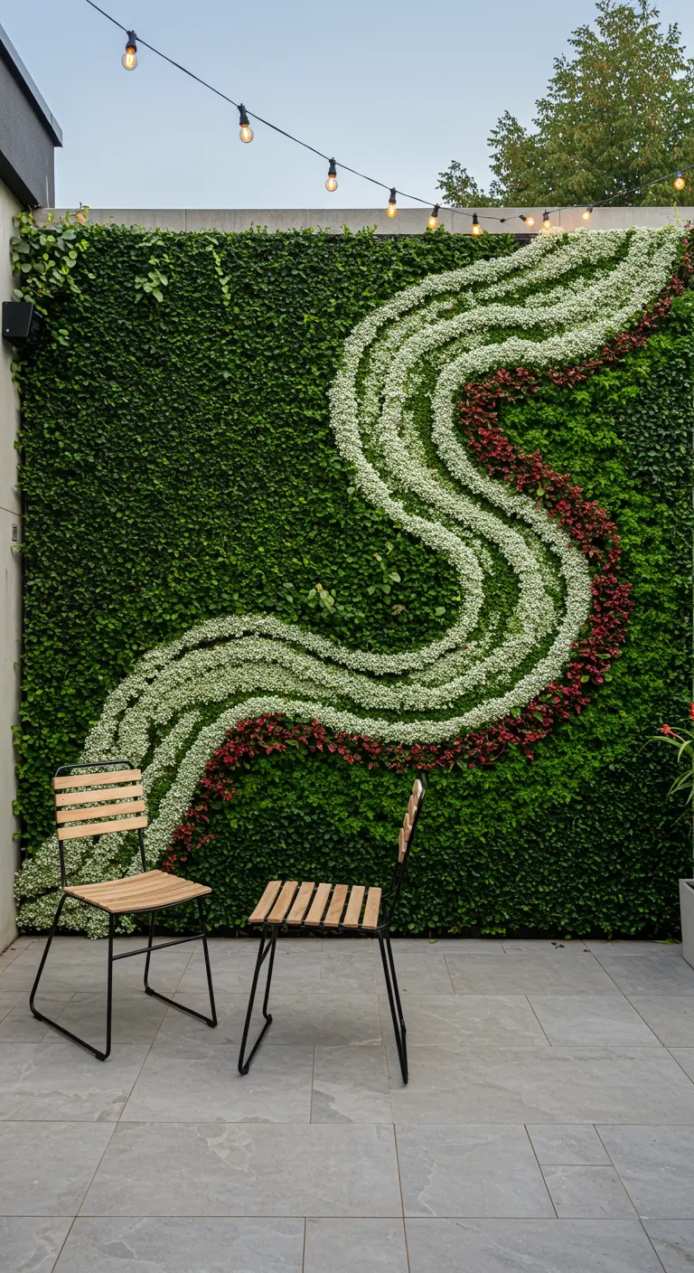Mur végétal extérieur avec des motifs ondulés de plantes blanches et rouges sur fond vert.