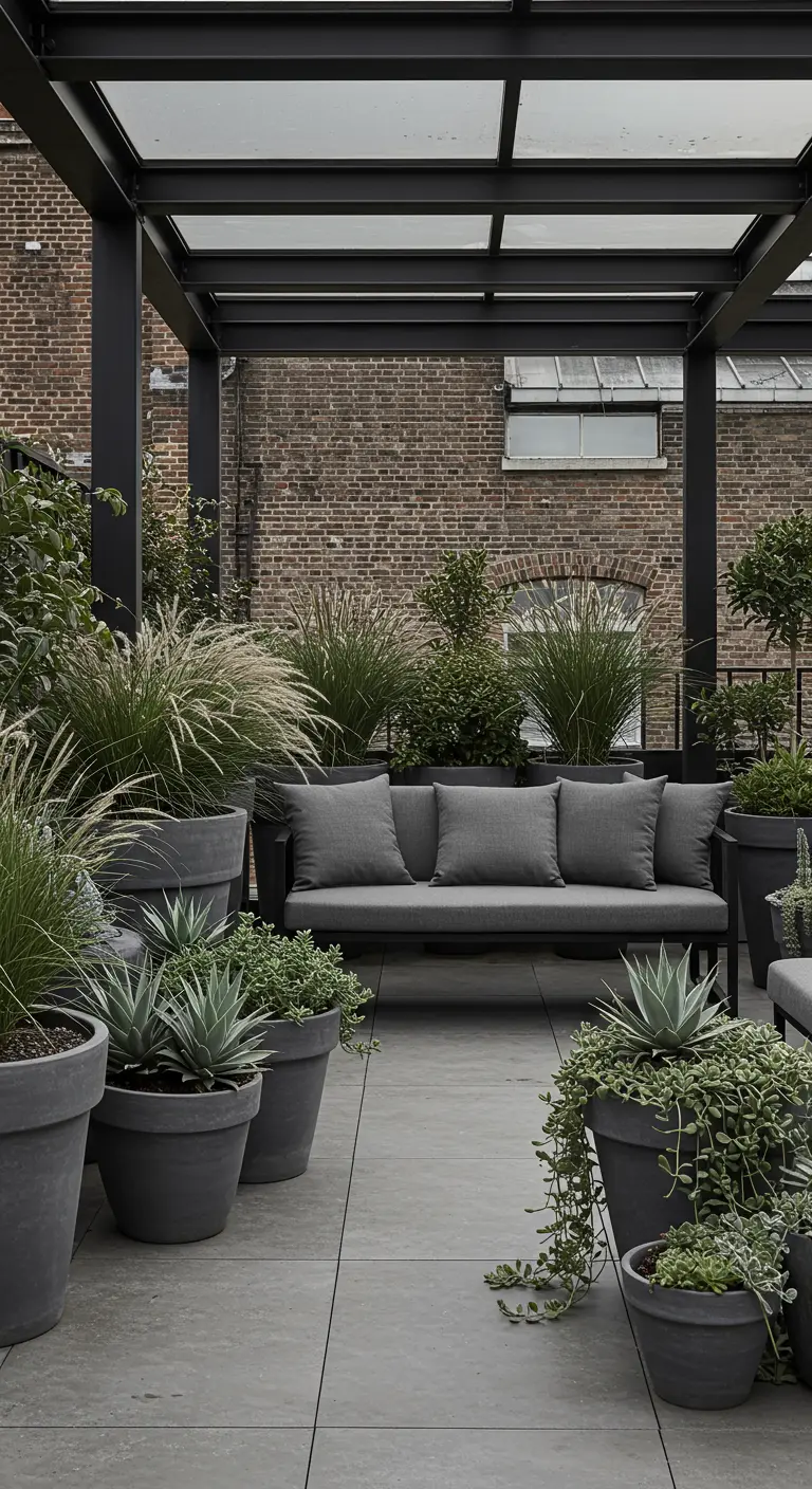 Terrasse moderne avec des pots gris anthracite de différentes tailles et un canapé gris.