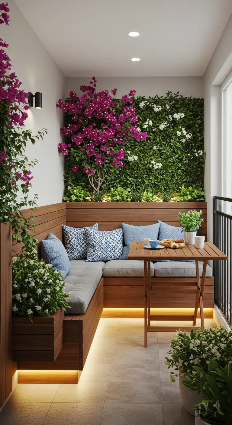 Balcon avec banquette en bois intégrée, mur végétal luxuriant et table en bois.