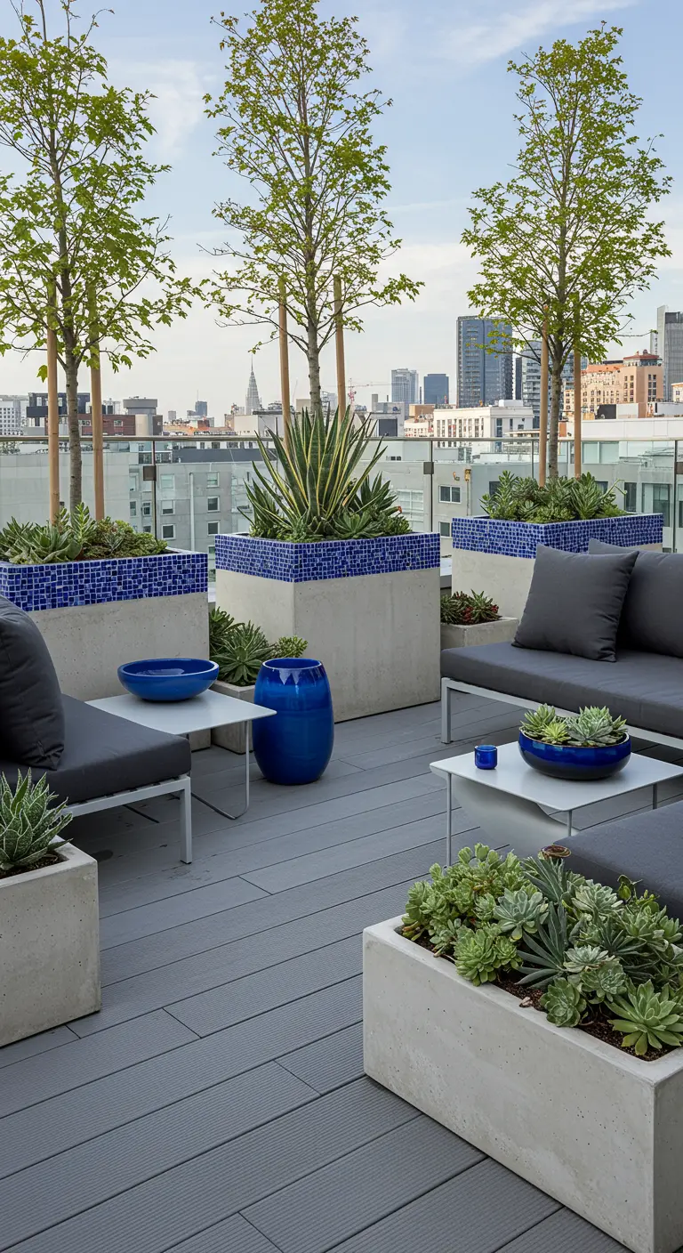 Terrasse urbaine sur le toit avec des jardinières en béton et mosaïque bleue, mobilier gris.