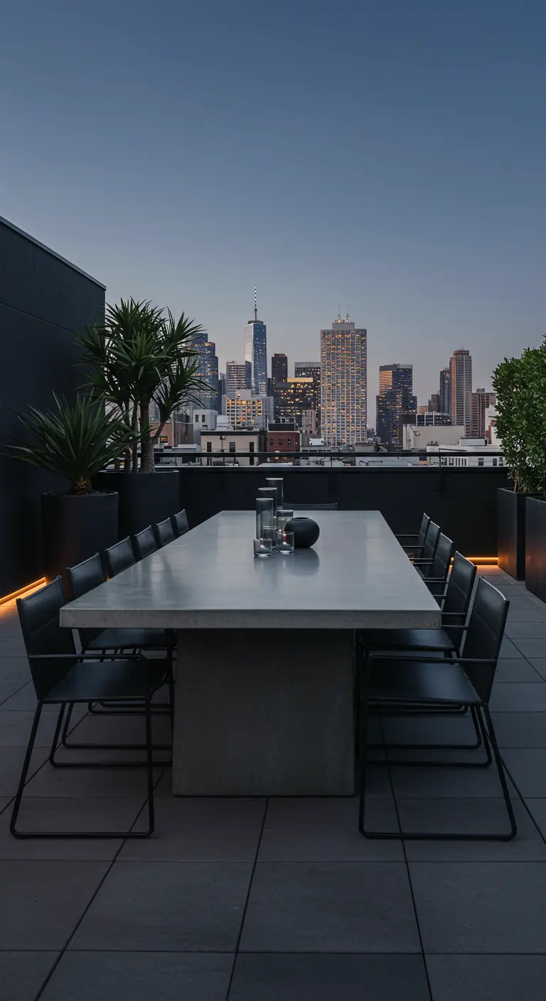 Table en béton et chaises en acier sur un toit-terrasse avec vue sur la ville.