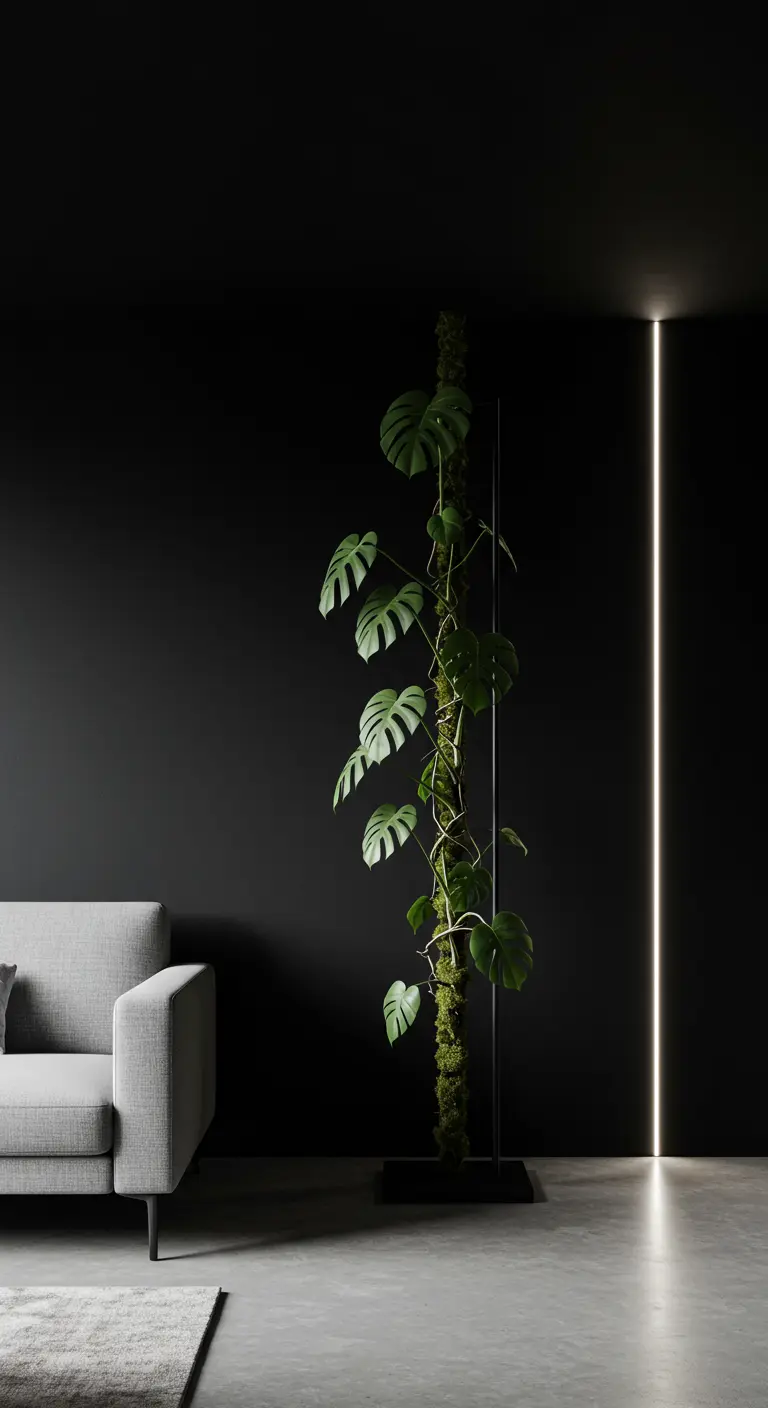 Grand Monstera sur tuteur noir et mousse dans un intérieur sombre avec lumière linéaire minimaliste.