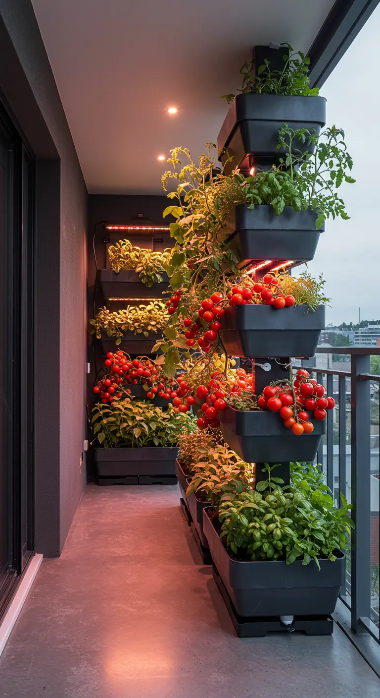 Tours de culture verticales avec tomates cerises et herbes, éclairées par LED sur un balcon urbain