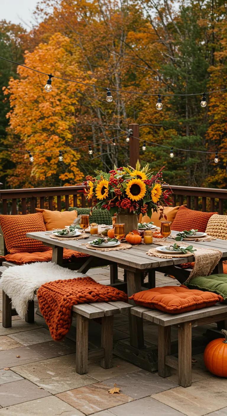 Table de jardin automnale décorée de tournesols, citrouilles, coussins orange et plaids tricotés.