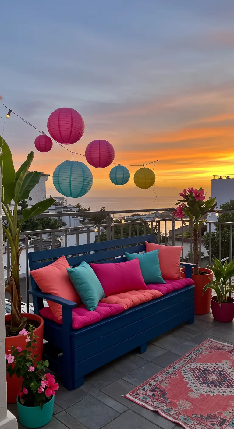 Balcon vibrant avec banquette bleue, coussins colorés, lampions vifs et vue sur le coucher de soleil.