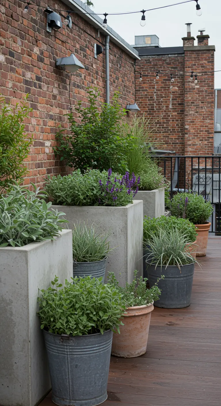 Terrasse sur le toit avec des jardinières en béton et des pots métalliques abritant des plantes.
