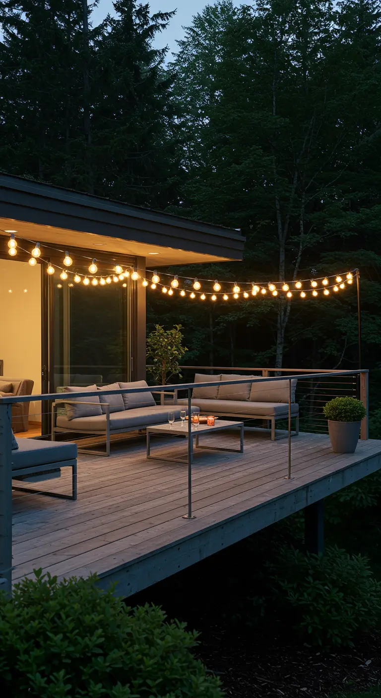 Deck moderne avec mobilier minimaliste, éclairé par une guirlande d'ampoules globe.