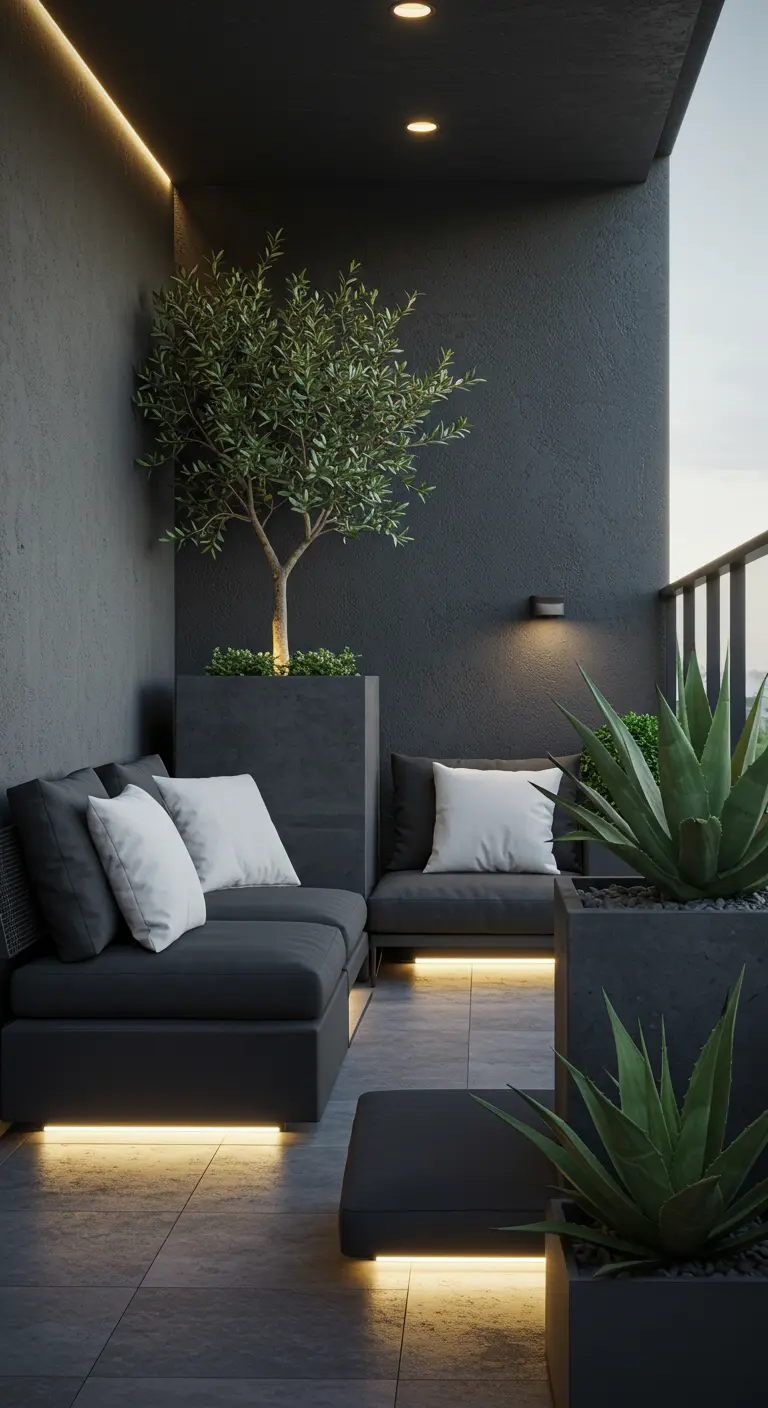 Balcon moderne sombre avec canapés foncés, grands pots d'agaves et éclairage intégré.