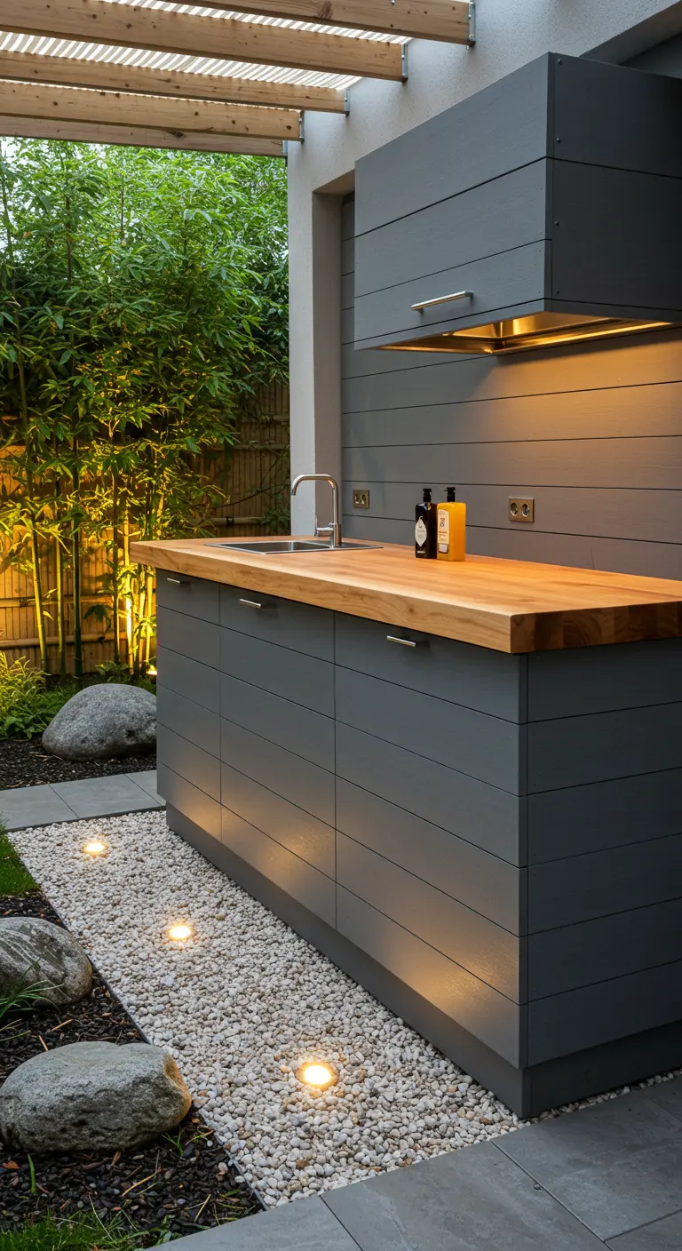 Cuisine extérieure zen avec meubles gris, comptoir en bois, chemin de gravier et bambous illuminés.
