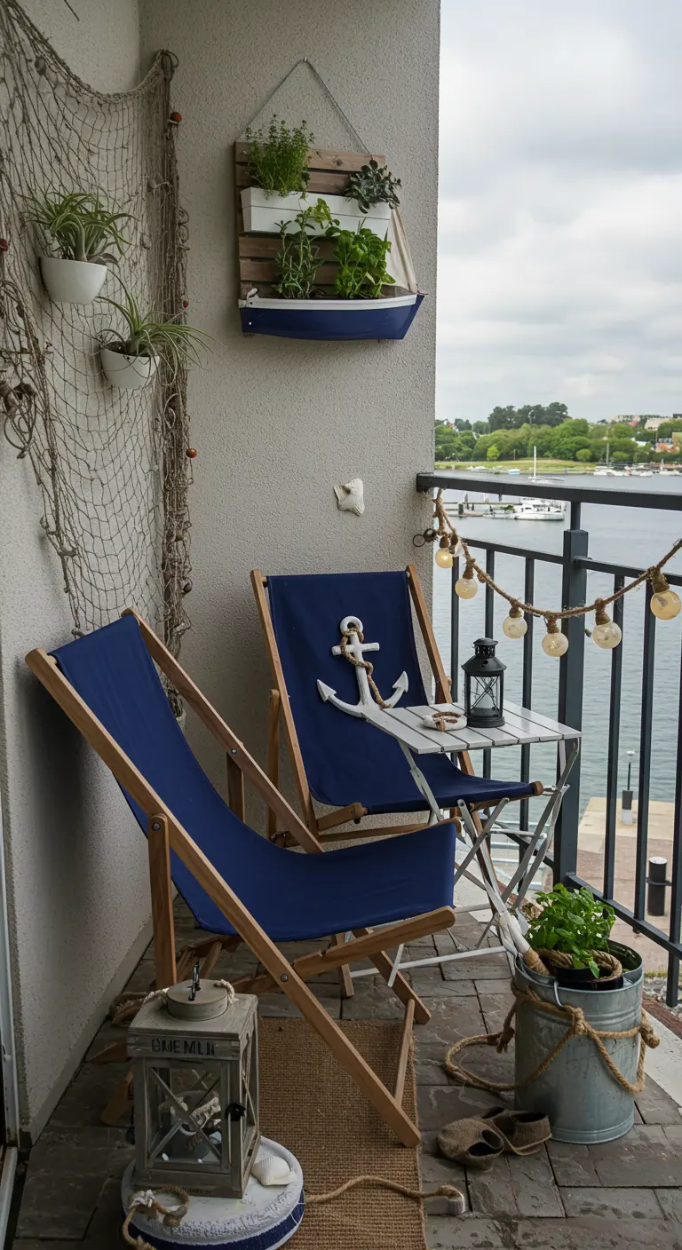 Balcon thème nautique avec chaises de pont bleues, filet de pêche, ancre et lanternes.