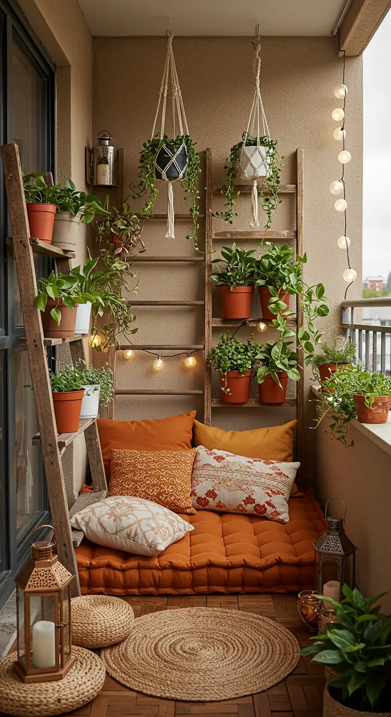 Balcon bohème avec échelle en bois servant d'étagère à plantes, coussins et lumières.