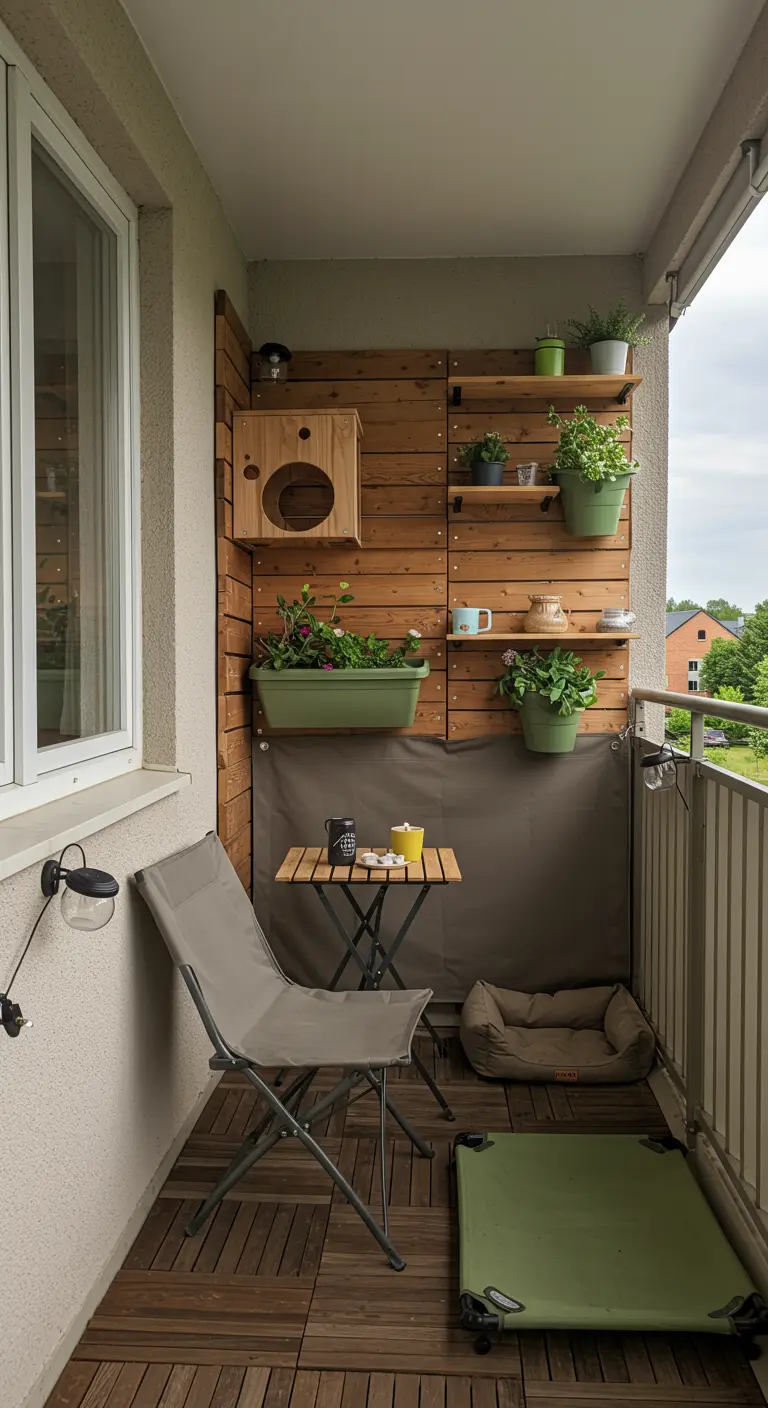 Balcon pet-friendly avec mur en bois, étagères, niche pour chat et lit pour chien.