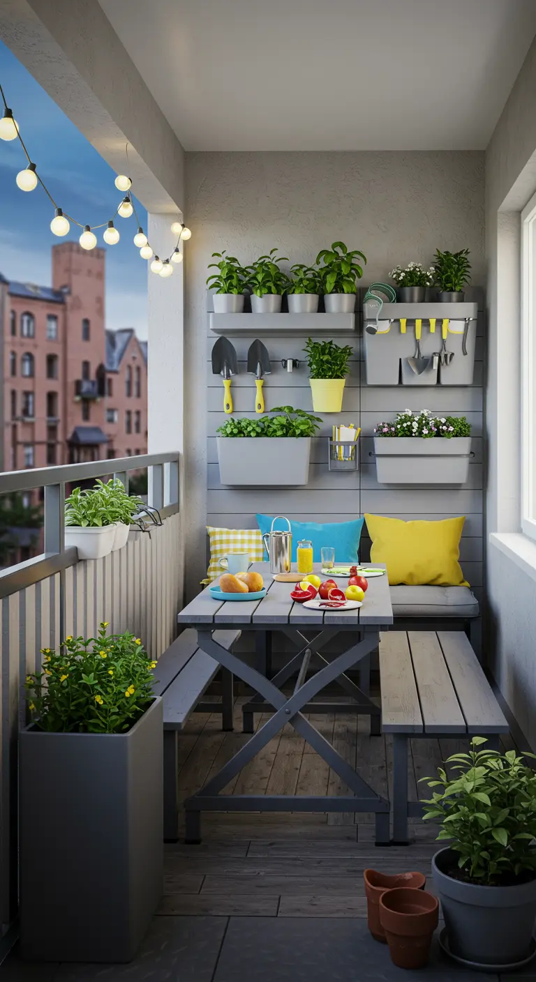 Balcon familial avec banquette, étagères d'outils de jardinage, table pliante et plantes.