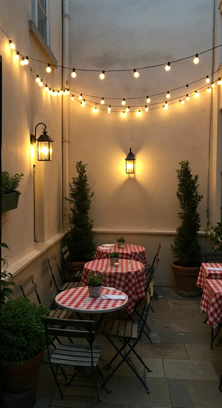 Patio de bistrot français avec guirlandes lumineuses, tables à carreaux vichy et plantes.