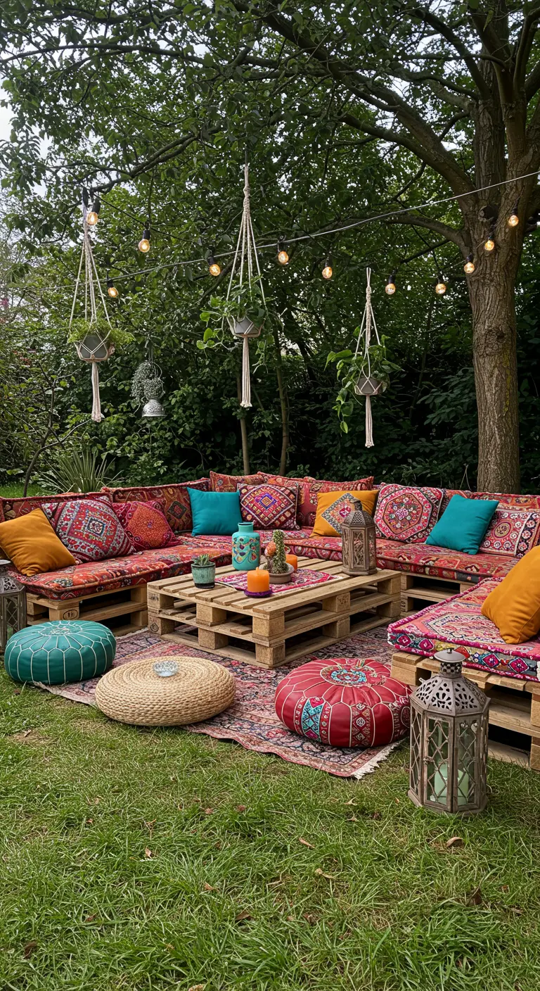 Salon de jardin bohème avec palettes, coussins colorés, tapis et guirlandes lumineuses.