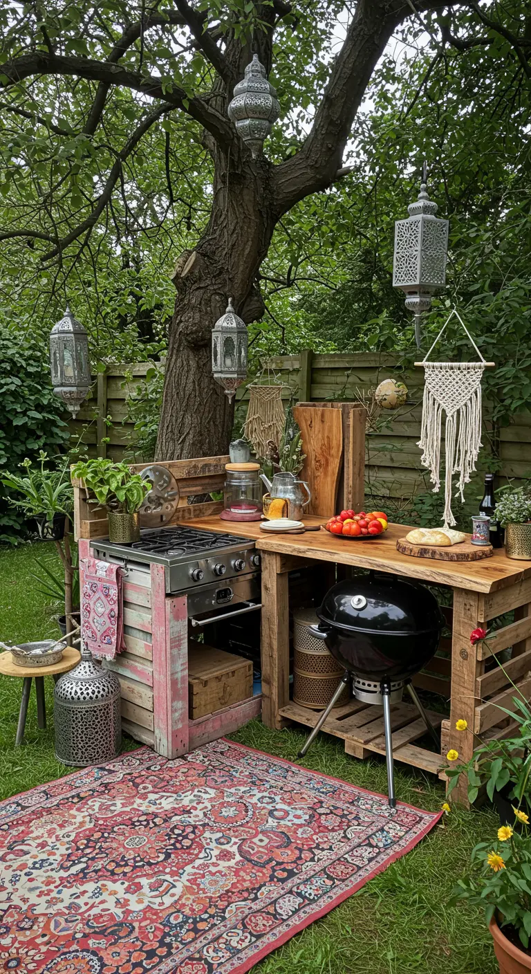 Cuisine extérieure bohème en palettes de bois avec barbecue, lanternes suspendues et tapis coloré dans le jardin.