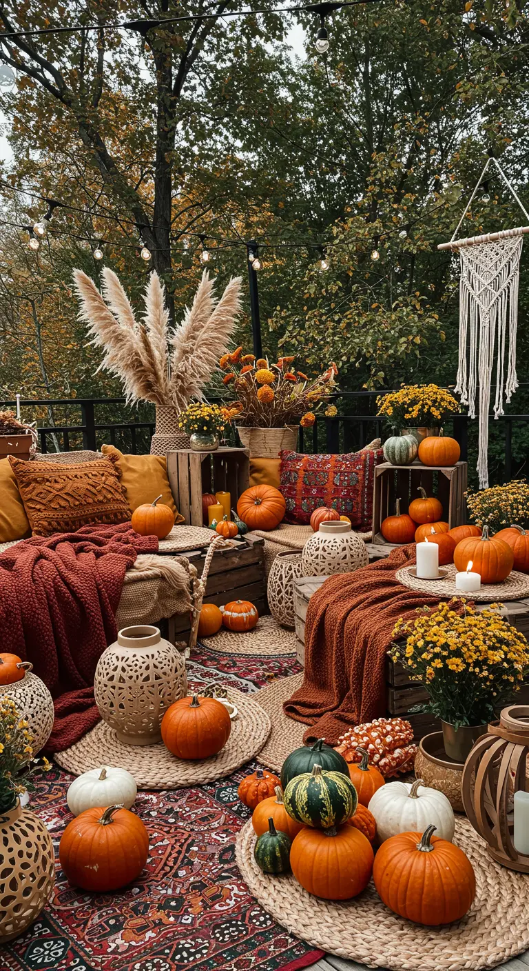 Patio bohème avec coussins de sol, tapis, citrouilles, herbe de la pampa et macramé suspendu.