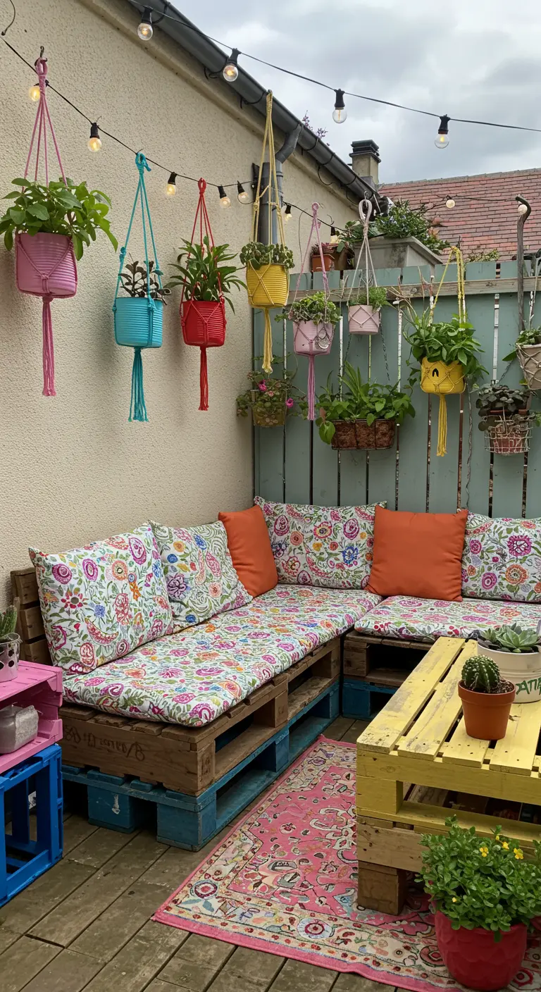 Patio bohème DIY avec salon en palettes, coussins fleuris, macramés colorés et guirlande lumineuse festive.