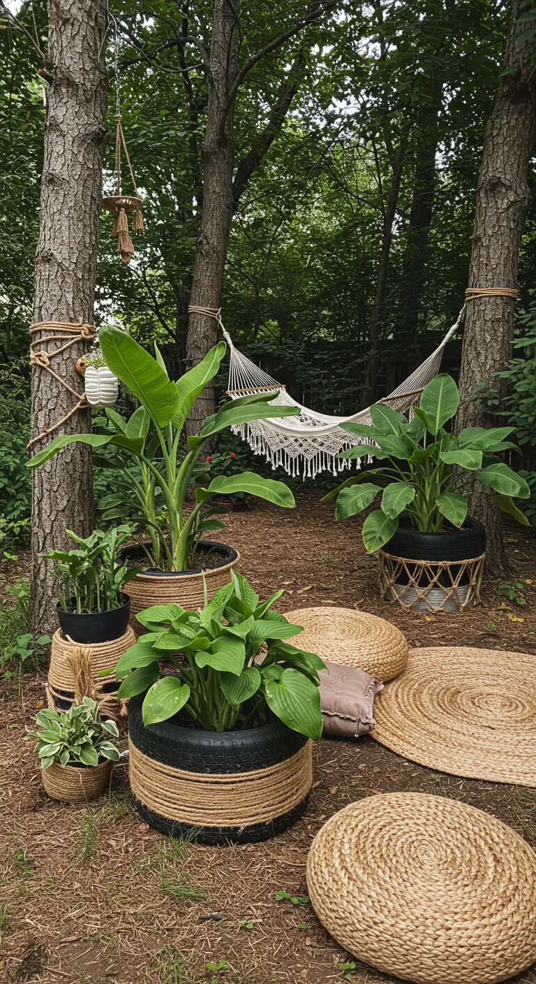 Pneus de voiture recyclés en jardinières, recouverts de corde de jute, dans un jardin ombragé avec un hamac.
