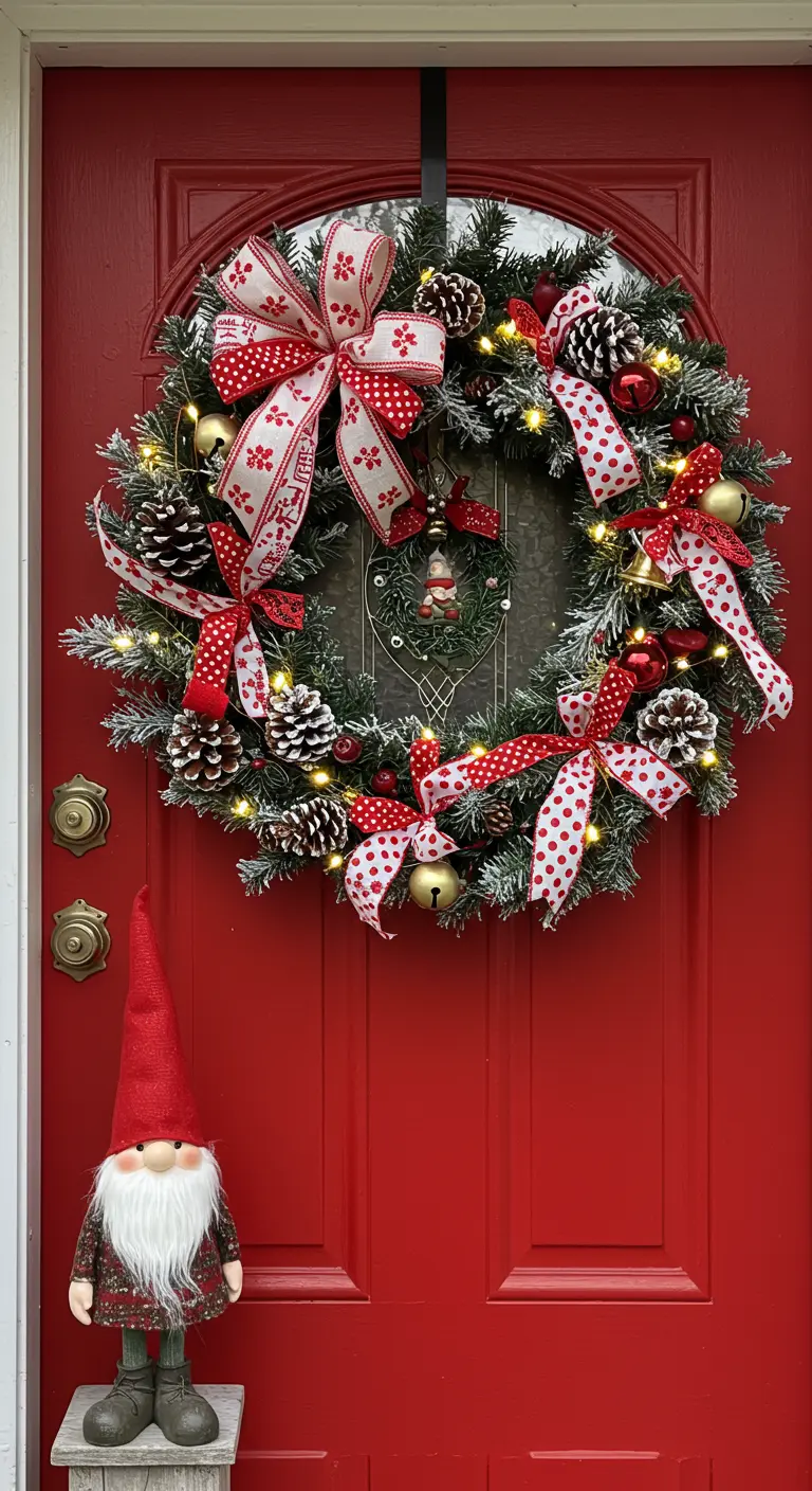Couronne festive avec rubans vichy sur porte rouge, grelots et gnome décoratif.