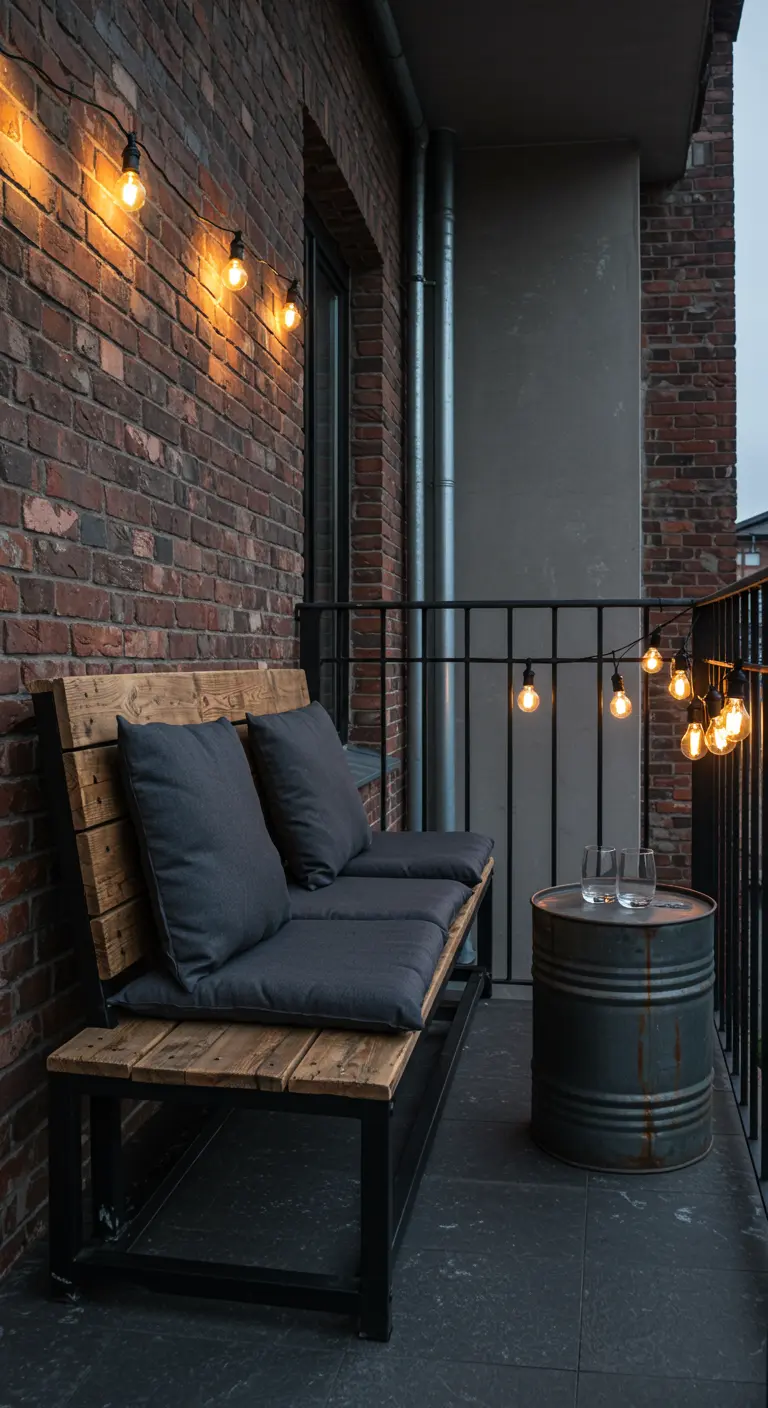 Balcon industriel avec banquette bois et métal, coussins gris, guirlande lumineuse et baril recyclé.