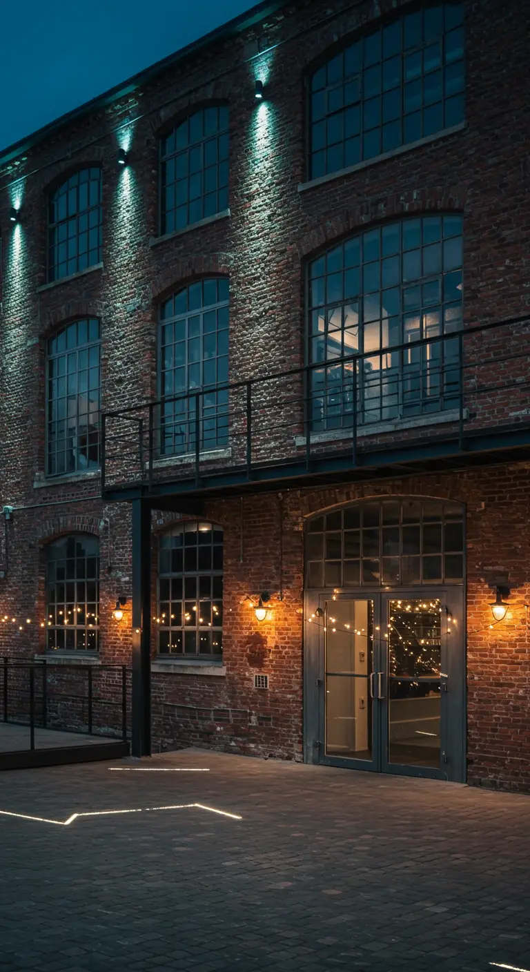 Façade en briques de style industriel avec projecteurs bleutés et guirlandes lumineuses.