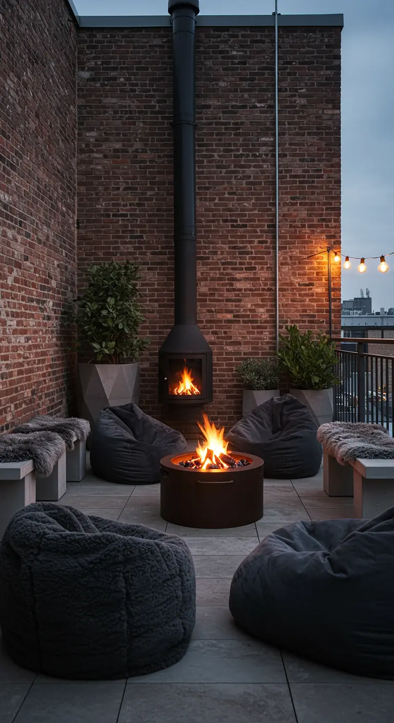 Terrasse urbaine avec brasero, poêle extérieur, poufs et bancs en fausse fourrure grise devant un mur de briques.