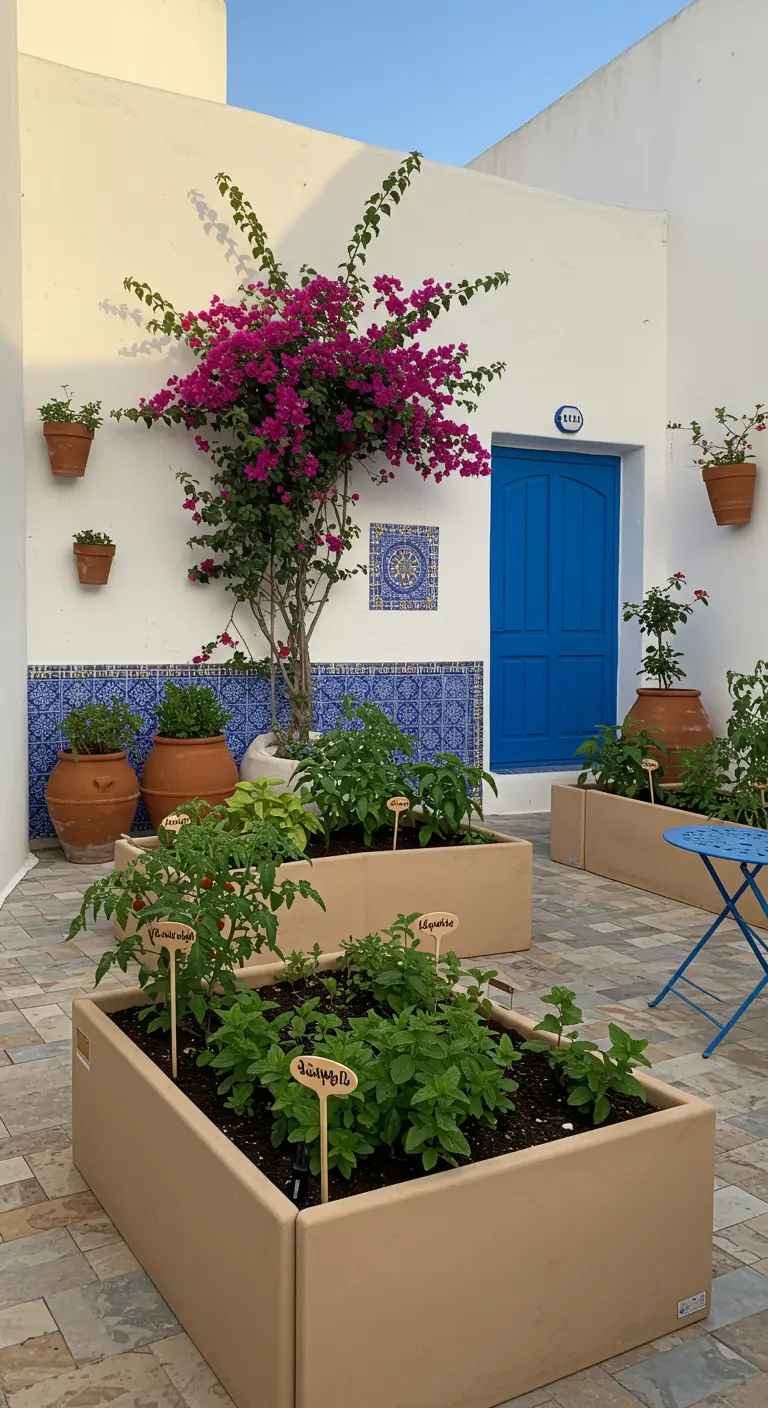 Jardinières de couleur sable dans une cour méditerranéenne avec une porte bleue.