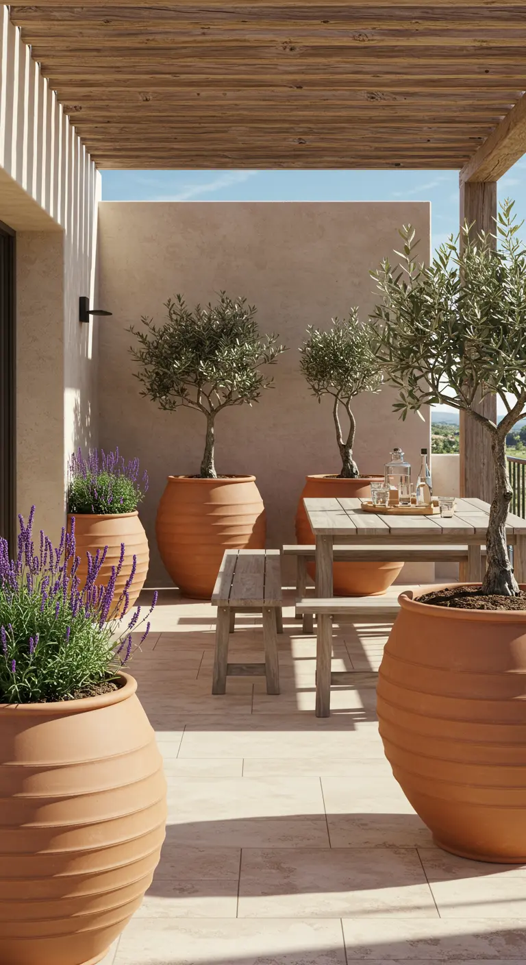 Terrasse ensoleillée avec de grands pots en terre cuite, oliviers et lavande, sous une pergola en bois.