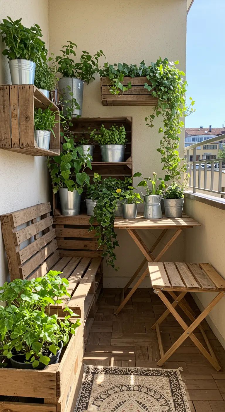 Balcon rustique avec caisses en bois, palette banc, pots métalliques, plantes et petit tapis ethnique.