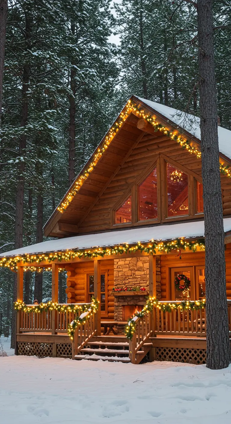 Chalet en bois enneigé décoré de guirlandes lumineuses chaudes sur le toit, le porche et les balustrades.